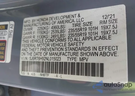 2022 Honda Cr-V Hybrid Touring z USA, uszkodzony, nr VIN 5J6RT6H92NL015023